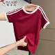 啄木鳥(niǎo)短袖t恤女黑白條紋拼色百搭正肩修身短款露臍純欲上衣夏 紅色 M