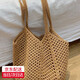 慵懶托特新款休閑海邊沙灘單肩包包草編手工大容量度假編織鏤空 卡其色 單肩包