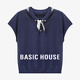 百家好（Basic House）Basic House/百家好翻領(lǐng)絲巾短袖針織衫夏季新款撞色短款套頭上衣 藏青 L