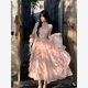 閃動(dòng)少女（SHANDONGSHAONV）感甜美雪紡碎花長(cháng)裙2025新款法式粉色吊帶連衣裙兩件套裝女夏 開(kāi)衫 S