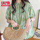 UKMR條紋襯衫上衣女2025年新款夏韓版通勤立領燈籠袖糖果色短袖娃娃衫 綠條紋 M 建議100-115斤