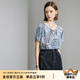 顏域系帶印花襯衫2024新款女士藍色寬松上衣通勤小衫短袖V領(lǐng)襯衣 藍花 M/38