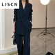 LISCN西裝套裝女大嫂2023秋冬新款大碼胖mm寬松減齡闊腿褲兩件套女裝 黑色[上衣+褲子+白色吊帶三件 L 101-120斤