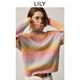 LILY2025秋新款含羊毛彩色漸變條紋拉鏈翻領(lǐng)休閑通勤針織衫女毛衣 123珊瑚粉 M