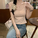 沐霓 短袖T恤女短款 夏季純欲風(fēng)小眾韓版修身正肩顯瘦上衣U形大領(lǐng)口 純色短款小飛袖t恤 S