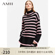 AMII2025秋新款高領(lǐng)撞色條紋寬松落肩袖毛衣女開(kāi)叉中長(zhǎng)休閑上衣 黑粉色條 155/80A/S