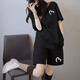 一寸相思夏季純棉短袖t恤套裝女2025新款爆款寬松顯瘦休閑運動(dòng)短褲兩件套 黑衣+黑褲-黑白心 XL （110-125斤）