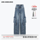 ANN ANDELMAN【明星同款】深藍(lán)色做舊磨白斜線分割牛仔工裝褲 深藍(lán)色 偏大建議拍小一碼 25