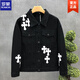 羅蒙（ROMON）2025秋季新款痞帥牛仔外套男生ins修身十字架貼標刺繡夾克上衣衫 黑色 XL 130-145斤