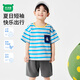迷你木木屋兒童短袖套裝夏季男童純棉圓領(lǐng)條紋T恤短褲套裝 棒球帽熊藍  100 