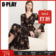 DPLAY2025春季氣質(zhì)黑色茶歇裙法式長(zhǎng)袖連衣裙長(zhǎng)裙魚尾裙女裙子 暗夜繁花 S