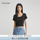 Calvin Klein Jeans夏季女士簡約ck字母壓印袖口辣妹短款重磅短袖T恤J221677 BEH-太空黑 M