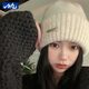 目丸毛線帽女秋冬季韓版百搭顯臉小針織帽網(wǎng)紅日系大頭圍保暖護耳帽子