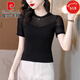皮爾卡丹（pierre cardin）黑色蕾絲網(wǎng)紗短*袖T恤女夏季2025新款時尚小衫夏裝遮肚子上衣 黑色 2XL [126-140斤]