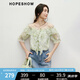 紅袖甜美碎花雪紡襯衫2025夏季新款女裝【花間捕夢】荷葉邊一字肩上衣 佩斯里綠花3655 M