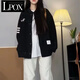 LPOX外套女高街學(xué)院風(fēng)邊條開(kāi)衫棒球服外套女春秋款寬松百搭款外套 黑色 刺繡款【針織面料】 M 90-105斤