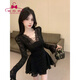 蜜樂(lè )奇春秋季韓系純欲風(fēng)V領(lǐng)長(cháng)袖蕾絲連衣裙新款收腰顯瘦A字短裙女ins 黑色 M 建議93-105斤