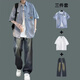 安初夏牛仔短袖t恤男生休閑套裝夏季新款潮流青少年寬松衣服男裝三件套 短袖藍襯衫+棉短白t+牛仔褲藍 XL