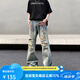 新因素25SS 磨破磨洞毛邊拉絲破洞寬松微喇牛仔褲 男女同款 做舊藍 S (90-105斤)
