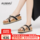 AU&MU2025夏季新款拖鞋女士真皮透氣外穿高級感涼鞋百搭厚底增高勃肯鞋 黑騎士【牛皮 軟木升級款】 2107 38