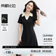 尚都比拉撞色Polo領(lǐng)短袖針織連衣裙女夏季修身顯瘦A字裙減齡中長裙