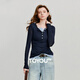 初語(yǔ)輕薄長(cháng)袖T恤女2025秋季新款撞色假兩件疊穿打底上衣 藏青色 M