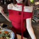 爾山集一字肩花朵性感短袖T恤女夏季緊身褶皺辣妹純欲露肩修身上衣 【紅色】M（95-105斤）
