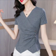 蝶美女短袖t恤女2025夏季新款時(shí)尚V領(lǐng)氣質(zhì)百搭洋氣顯瘦不規則上衣新中式 灰色 不規則短袖 XL 【建議90-110斤】
