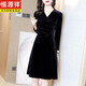 恒源祥高級感端金絲絨連衣裙女裝2023新款秋冬季洋氣質(zhì)V領(lǐng)打底小黑裙子 黑色 L 建議100-115
