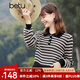 百圖betu女裝春季新款毛針織衫條紋流蘇短款長袖毛衫女2401T12 黑色 M