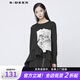 S.DEER圣迪奧秋季女裝個性圓領字母印花不規(guī)則長袖T恤S21380220 黑色/91 M 165