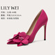 Lily Wei【香榭麗舍】花朵顯白絕美高跟鞋小眾淺口單鞋大碼 玫紅色【跟高10cm】 36