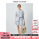 VEGA CHANG時(shí)尚套裝女2025新款夏季通勤小個(gè)子休閑系帶V領(lǐng)刺繡小衫套裝 baby藍(lán)（下裝） M