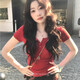 粉媚夢(mèng)紅色短袖潮流t恤女衣服女裝夏季新款2025女款t恤衫半袖正肩上衣 紐扣紅色純欲上衣 L 【建議110-120斤】