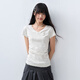 PSO Brand【假兩件V領(lǐng)】【涼感】彈力針織西高地拼接蕾絲女士短袖T恤 淺花灰 LightHathaGrey L