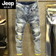 JEEP SPIRIT淺色九分牛仔褲男修身彈力小腳褲子男士韓版潮牌乞丐破洞補(bǔ)丁新款 淺藍(lán)色3815 32 2尺5
