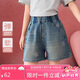 ASK JUNIOR星星燙鉆兒童褲子夏中大童復(fù)古水洗牛仔短褲女童熱褲 藍(lán)色  140 