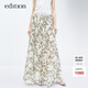 edition半身裙女夏新款浪漫度假風(fēng)花卉印花手工排褶棉麻半裙 杏底黑花色 M/165
