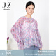 玖姿·安娜蔻圓領(lǐng)套頭印花寬松雪紡衫女2023夏輕盈感上衣綠紫色 花粉紫 M