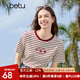 百圖betu女裝2025夏季新款T恤撞色領(lǐng)邊意趣圖案條紋棉感短袖女2503X05 紅白條 L