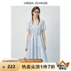 VEGA CHANG藍色連衣裙女2025新款夏季法式方領(lǐng)泡泡袖抽繩收腰長裙 云水藍 S