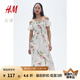 H&M女裝花卉連衣裙夏季花朵泡泡一字肩短袖植物印花長裙1230970 白色/花卉 L 170/104