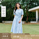 茵曼亞麻法式木耳邊連衣裙2025夏季女裝新款系帶收腰短袖藍(lán)色長(zhǎng)裙 迷霧藍(lán) M
