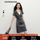 紅袖休閑連衣裙2025夏季新款女裝假兩件拼接連帽領(lǐng)獨(dú)特漂亮掐腰中長裙 灰060 S