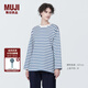 無印良品（MUJI）女式 粗棉線圓領長袖T恤 上衣打底衫女款內搭 純棉秋季休閑女裝 藍色條紋 4S L  (165/88A)