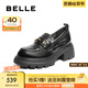 百麗（Belle）七夕禮物復(fù)古抓皺鎏金樂福鞋女商場款牛皮粗跟jk鞋E1Y1DCA5預(yù)售 黑色 37