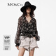 MO&Co.上衣5A桑蠶絲佩斯里花紋花邊立領高腰收褶浪漫法式襯衫摩安珂 黑底白花色 S 160