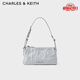 CHARLES&KEITH褶皺油蠟皮斜挎小方包手提包腋下包女士生日禮物CK2-80160183 Grey灰色 S