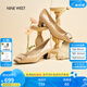 NINE WEST/玖熙高跟鞋粗跟新款真皮通勤方頭金屬扣女士單鞋 杏色 37
