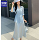 羅蒙綢緞連衣裙兩件套女歐洲站2025春夏新款遮肚顯瘦天絲收腰襯衫吊帶 冰川藍(lán) 套裝 L 建議110-140斤